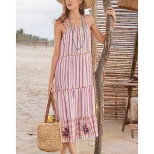 Sundance Veria Midi Dress Women Sz Small Pink Ivory Striped Embroidered Coastal